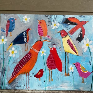 Bird painting, whimsical birds, nursery decor, blues, 24 x 30  gallery wrapped canvas, whimsical art,