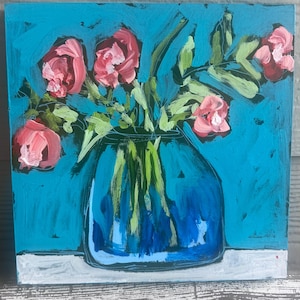 Abstract Floral Painting: Colorful Wood Art Panel, 8x8 Original
