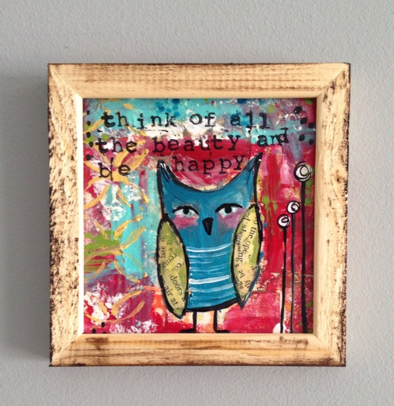 Items similar to Owl mixed media original painting with frame, 4 x 4 on Etsy