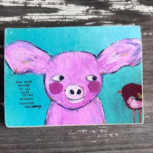 Whimsical Pig Art Magnet: Reproduction Print on Wood