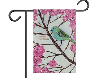 Garden Banner, pink flowers flag, bird yard sign, housewarming gift, garden banner
