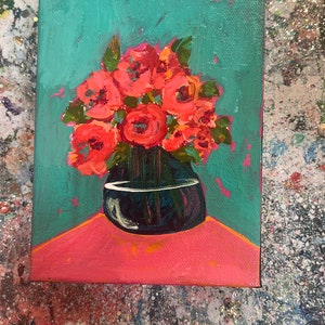 Flower painting, floral art, mini flower art, 5 x 7 flowers in vase, holiday gift idea