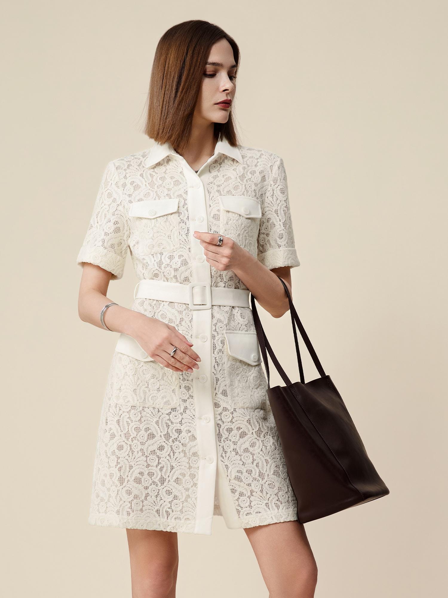 Casual Collared Lace Shirt Dress With Button Front, Collared
