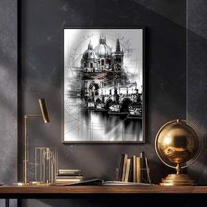 Prague Skyline Sketch Print: Charles Bridge Black and White Art (Digital Download)