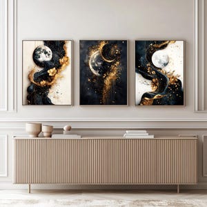 Golden Eclipse Flow Wall Art Set – Celestial Moon Phase Prints, Gold & Black Abstract Decor, Printable Spiritual Art Trio