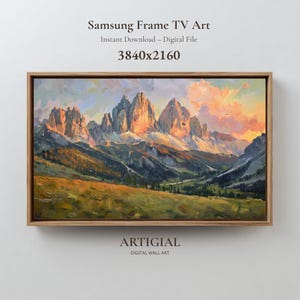 Dolomite Peaks Sunset Glow – 4K Samsung Frame TV Art Download, Mountain Landscape Digital Painting, TV Background for Living Room