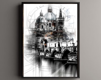 Impresión artística del Puente de Carlos de Praga: Póster minimalista de paisaje urbano en blanco y negro (descarga digital)