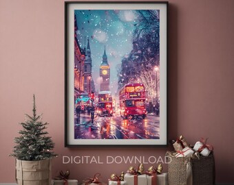Decorazione murale natalizia di Londra in stile pastello, stampa natalizia del Big Ben, scena di strada londinese innevata, opera d'arte invernale su autobus rosso, download digitale di decorazioni natalizie