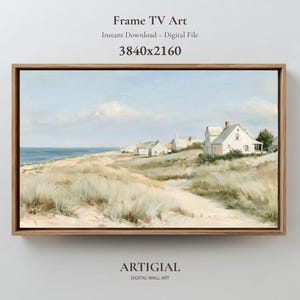 Könnte beinhalten: Ein digitales Landschaftsgemälde einer Küstenszene mit weißen Häusern inmitten von Sanddünen und hohem Gras sowie einem ruhigen blauen Ozean unter einem blassen Himmel. Der Text lautet Frame TV Art, Instant Download – Digital File, 3840x2160, ARTIGIAL DIGITAL WALL ART.