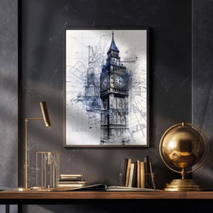 Plan de la tour de l&#39;horloge de Londres - affiche d&#39;art au trait Big Ben, impression d&#39;Architecture de Londres, art mural minimaliste de voyage au Royaume-Uni, téléchargement numérique