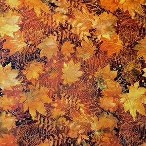 May include: A digitally created image featuring a repeating pattern of autumn leaves in shades of gold, orange, and brown. The leaves vary in size and shape, with intricate vein details. The background is a dark, mottled brown.