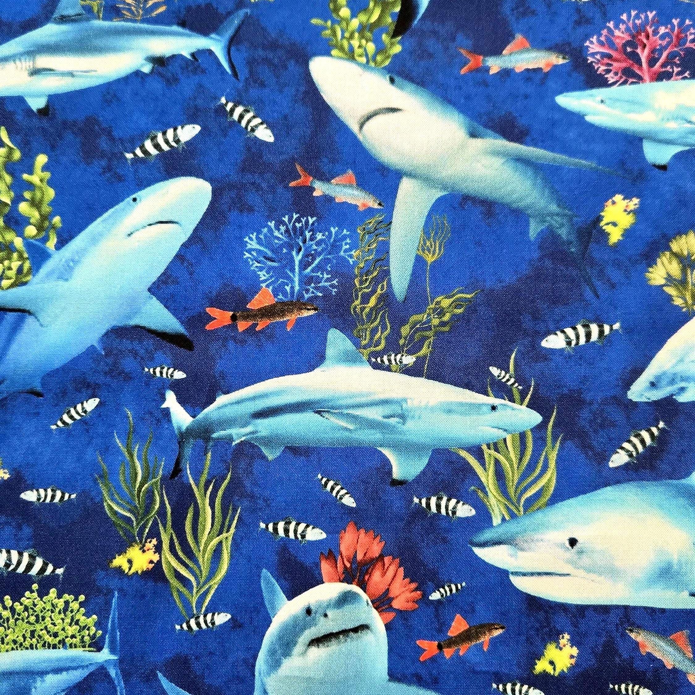 SHARK FABRIC 100% Cotton Quilting Fabric by Timeless Treasures, Ocean Fish Print, Saltwater Sharks, Multiple Cuts Fast Shipping!