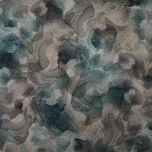 May include: Abstract watercolor design in shades of teal, gray, and muted blue. The pattern features flowing, organic shapes reminiscent of smoke or clouds, creating a soft, textured appearance. The artwork has a modern, artistic feel.