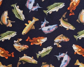FISH FABRIC Michael Miller Navy Blue Multi Species Cotton Quilting Material Angler Theme Fish Print, Fishing Outdoors Material By The Yard!