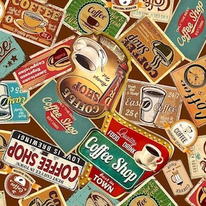 May include: A collage of vintage-style coffee shop signs in various shapes and sizes. The signs feature text like "Coffee Shop," "Fresh Coffee," and "Best Coffee in Town." Colors include brown, red, green, and gold, with images of coffee cups.