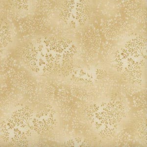 May include: A seamless fabric pattern with a delicate, light brown floral design on a cream background. The pattern features small, intricate sprigs of leaves and flowers, creating a subtle and elegant look.