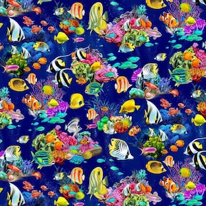 OCEAN FISH blue fabric, Michael Miller, 100% cotton fabric, salt water fish fabric, sea, quilting fabric! Fast Free Shipping 35 dollars+!