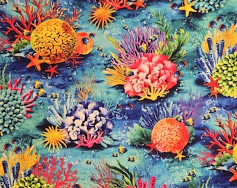 Coral Ocean Floor Fabric: Oasis 100% Cotton Quilting Sea Life Reec Material
