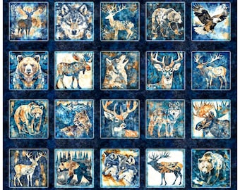 Forest Animal Fabric Panel: Qt Moose, Bear, Deer Cotton Quilting Material (36 x 44")