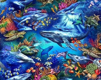 UNDER THE SEA Cotton Fabric by Oasis Fabrics - 100% Quilting Cotton Ocean Fabric for Sewing & Crafts, Multiple Cuts Available, Ocean Life!