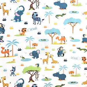 Safari Animals Zooville Kid Fabric, Freckle & Lollie Elephant Giraffe Tiger Hippo Zebra Print 100% Cotton Quilting, Fat Quarter, By The Yard