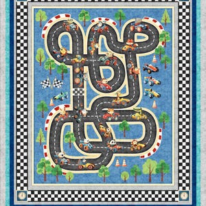 Race Track Fabric Panel:  QT Turbo Tykes Cotton Quilting Kids Material(35" x 44")