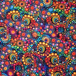 May include: A vibrant, colorful fabric with a repeating pattern of circular designs. The design features a variety of colors, including red, orange, yellow, green, blue, and purple, creating a visually dynamic and eye-catching textile.