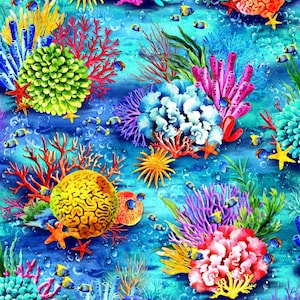 COLORFUL CORAL fabric by Oasis Fabrics, 100% Cotton Quilting Fabric - Sea Life Ocean Floor Print for Sewing & Craft Projects Multiple Cuts!