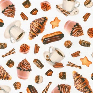 TASTY SWEETS and COFFEE on white fabric, Robert Kaufman, 100% cotton fabric, quilting fabric, food fabric! Fast Free Shipping 35 dollars+!