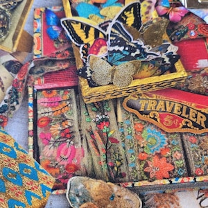 May include: A collage of decorative boxes and fabric with a butterfly theme. The boxes are gold-framed and adorned with colorful butterflies. The fabric features floral and geometric patterns in shades of red, blue, and gold. The word "TRAVELER" is visible.