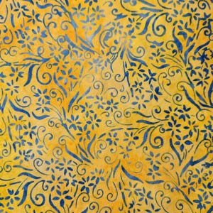 May include: A fabric with a yellow and blue floral pattern. The design features small blue flowers and swirling blue vines against a yellow background. The fabric has a batik-like appearance.
