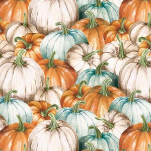 PUMPKINS FALL quilting fabric, autumn harvest fabric, festive Halloween decor,blue & white pumpkins, craft sewing material, Thanksgiving!