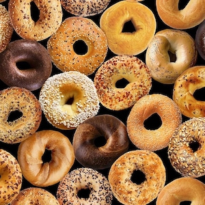 TASTY BAGEL print, breakfast foodie quilting material, novelty food bakery snack cotton fabric, Timeless Treasures, fat quarters!