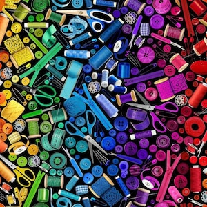 RAINBOW SEWING NOTIONS Fabric by Timeless Treasures, 100% Cotton Quilting Craft Fabric, Bright Bold Colors, Fat quarters, Fast Shipping!