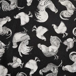 WHITE CHICKENS ROOSTERS Michael Miller Free Range Toile Black Fabric, Farmhouse Poultry Print 100% Cotton Quilting Material, Sewing project!