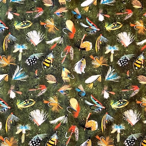 Fishing Flies Cotton Fabric: Timeless Treasures Quilting Sewing Material