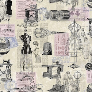 VINTAGE SEWING Fabric Timeless Treasures 100% Quilting & Stitching Material Fast Free Shipping Over 35 dollars!