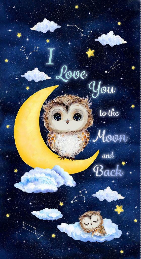Owl Fabric Panel 24"x44" Timeless Treasures 100% Cotton Quilt Fabric Moon & Back Desig