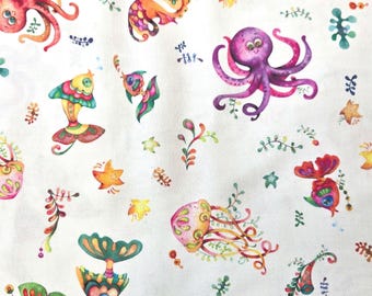 Ocean Life Kids Fabric: P&B Textiles Sea Creatures Cotton Quilting Material, Nursery