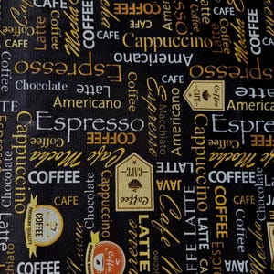 COFFEE A to Z Fabric Michael Miller Black Coffee Words Print 100% Cotton Quilting Material By The Yard, Espresso Latte Cafe Sewing Fabric