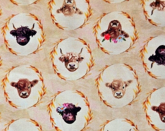Mini Highland Cows Cotton Fabric - Windham Fabric Farm Quilting Material