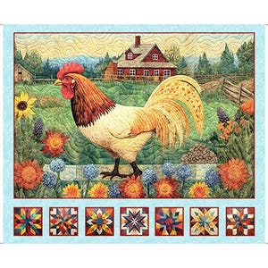 ROOSTER fabric panel 36&quot;x 44&quot;, QT Fabrics, 100% cotton fabric, chicken fabric, rooster fabric, quilting fabric! Free shipping 35 dollars +!