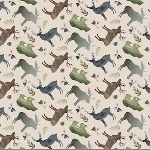 WILDLIFE ANIMALS lodge life fabric, P&B Textiles, 100% cotton fabric, moose outdoor fabric deer, quilting fabric! Free Shipping 35 dollars+!