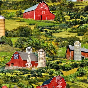BIG RED BARNS fabric by Timeless Treasures, 100% cotton fabric, farm fabric, barn fabric, quilting fabric! Free shipping 35 dollars +!