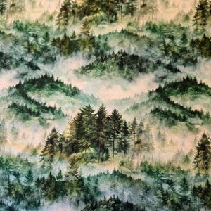 May include: A fabric pattern featuring a watercolor-style forest scene. The design showcases layers of green trees and hills shrouded in a misty fog, creating a serene and natural aesthetic. The color palette includes various shades of green and white.