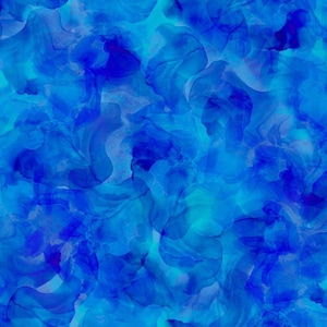 May include: Abstract watercolor pattern in shades of blue and teal. The design features flowing, organic shapes that overlap and blend, creating a sense of depth and movement. The color palette ranges from deep indigo to light turquoise.