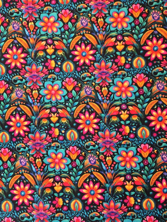 Flower Fabric: QT Folk Art Mexican Motif Cotton Quilting Material Vibrant Craft!