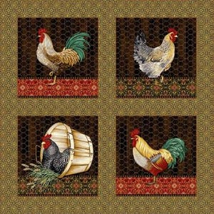 Roosters and Chicken Fabric Panel 24&quot;x44&quot; Henry Glass Quilting Cotton, Rooster Quilt Material, Chicken Print Textile, Country Farm Panel!