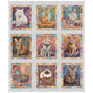 COLORFUL CATS fabric panel 35&quot; x 44&quot;, QT Fabrics, 100% cotton fabric, cat fabric, quilting fabric, kitty fabric! Free Shipping 35 dollars+!