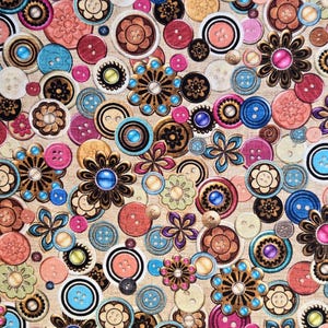 May include: A fabric pattern featuring a variety of colorful buttons in shades of brown, pink, blue, and green. The buttons are of different sizes and shapes, including round, flower-shaped, and decorative designs. The background is a neutral beige color.